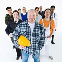 A group of male and female employees wearing uniforms and PPE