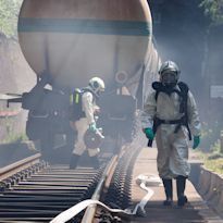 HAZWOPER workers wearing HAZWOPER Level B ensemble