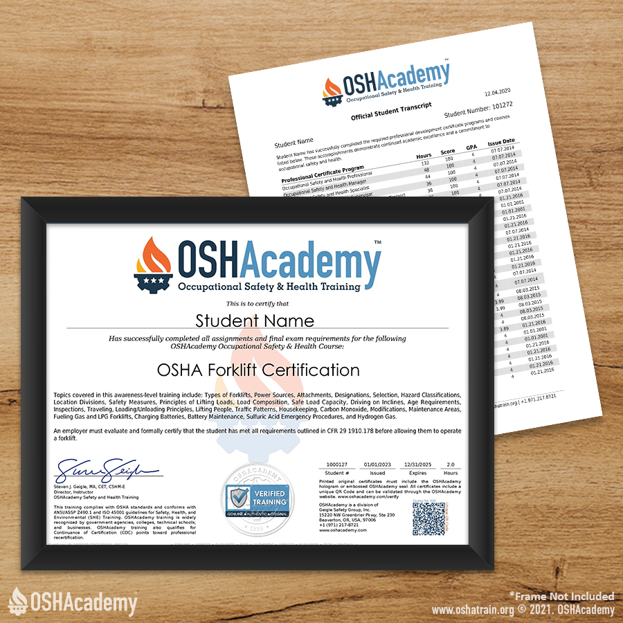 620 OSHA Forklift Training Mailed Certificate package