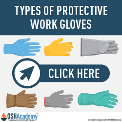 Graphic showing details of six types or protective work gloves and when they should be used.