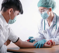 Worker using PPE drawing blood from patient