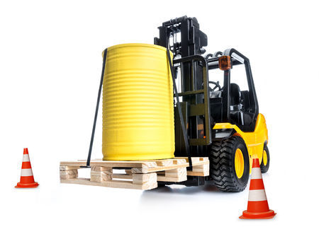 Forklift carrying a barrel.