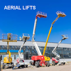 Five aerial lifts of various heights 