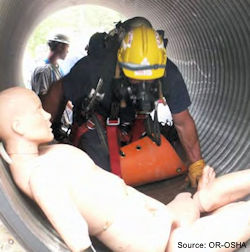 Confined space entry team practicing using a dummy.