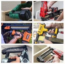 Six different images of types of nail guns