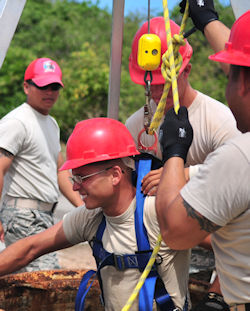 Hands-on instruction for workers using a safety harness and hoist.