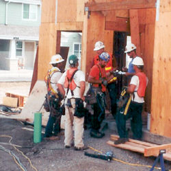 Workers at a weekly safety meeting.