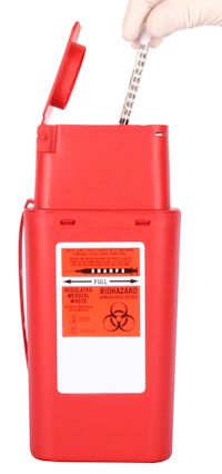 gloved hand depositing a needle in a sharps container