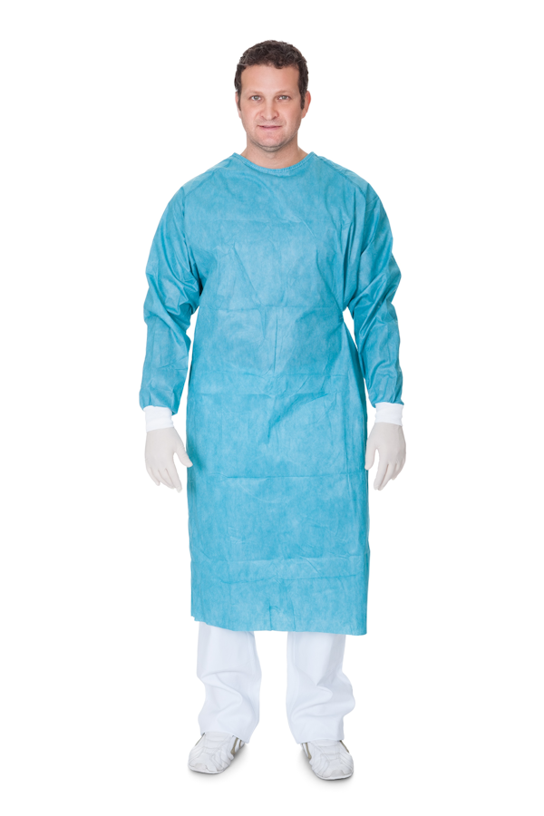pharmacist wearing a disposable  gown.