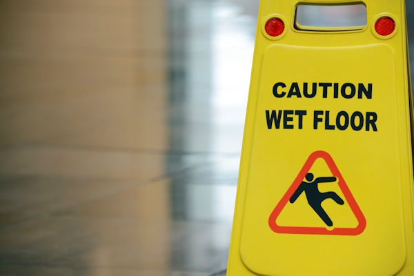 A floor with a Caution Wet Floor sign.