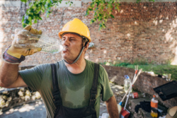 A man drinks water from a large plastic water bottle. The man is sweating profusely while wearing a yellow hard hat and work overalls. 