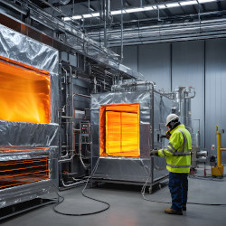 Worker in PPE standing near a radiant heat barrier