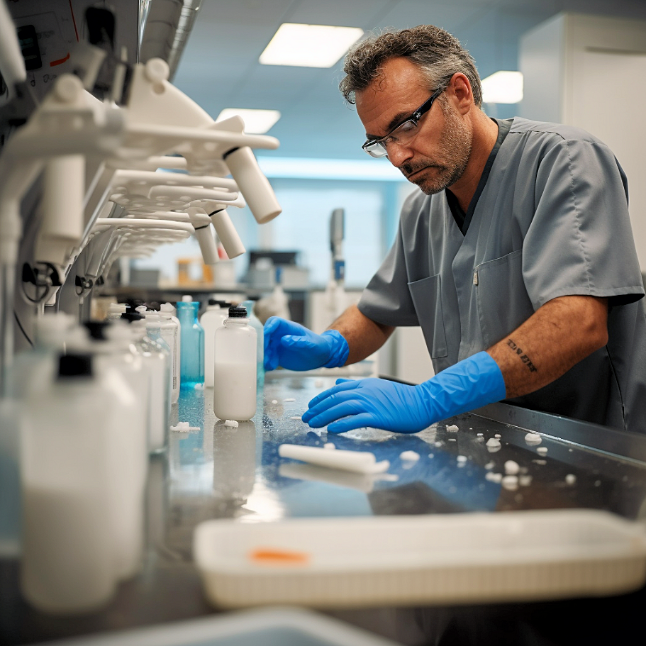 Lab worker with gloves cleaning up counter in lab.