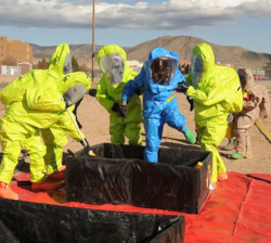 Workers awaiting  decontamination in the Contamination Reduction Zone 