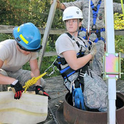 Two person entry team preparing to enter a confined space.