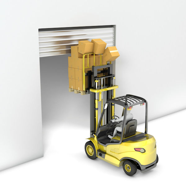 Employee driving a forklift with the load too high. Load is hitting the roll up door.