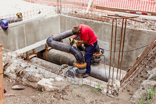 Worker in pit with large pipe