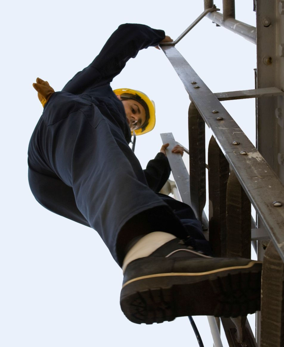 Worker coming down ladder