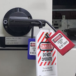 Power switch with substantial lockout tagout locks.