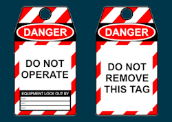 Example of two different messages on lockout tagout tags.