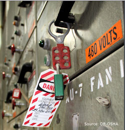 Lockout tagout placed on machinery following specific procedure.