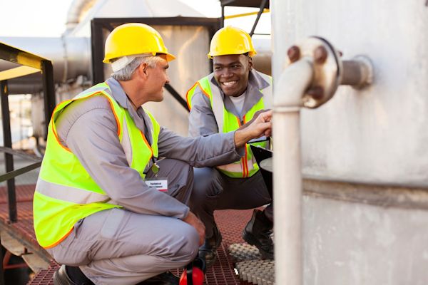 Two workers inspecting an outside pipe.