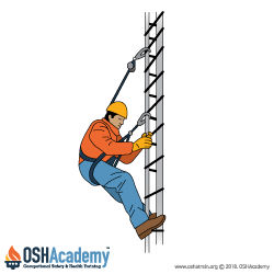 Illustration of worker on ladder using a positioning device and self retracting lifeline.