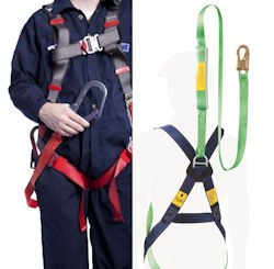 Worker wearing fall protection and picture of lanyard with shock absorber