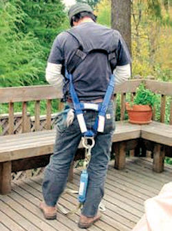 worker who has put their fall arrest gear on upside down.