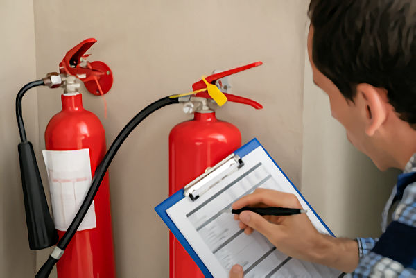 Worker inspecting fire extinguishers