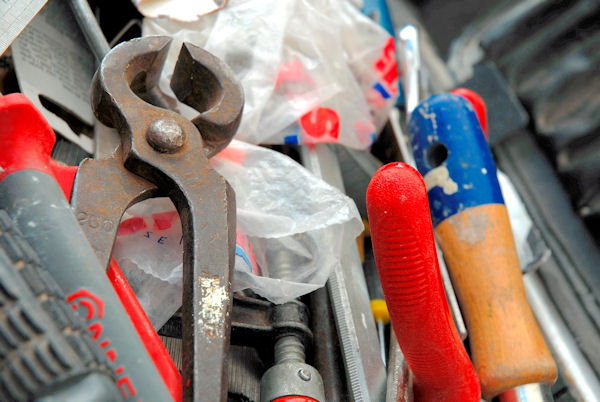 Commonly needed tools in a tool box.