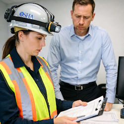 OSHA inspector checking employer's training records.