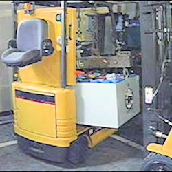forklift battery being lifted