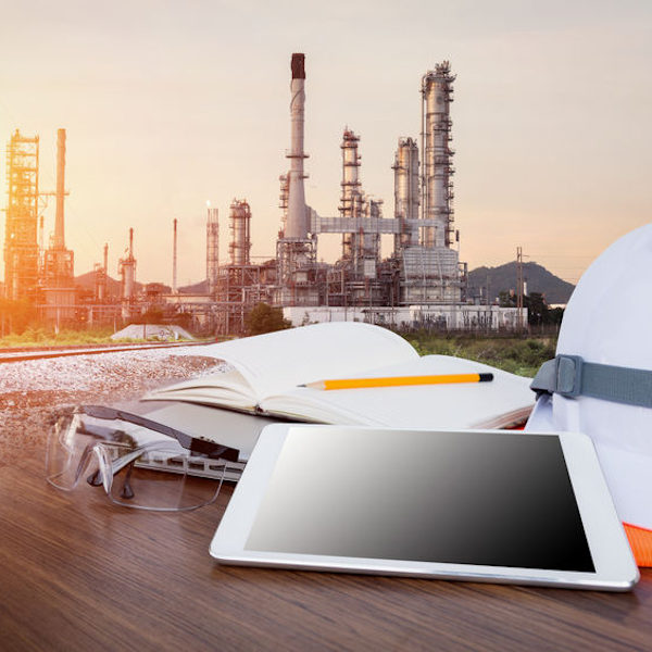 computer in forground and refinery in background.