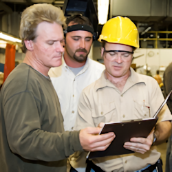 Two employees looking at notes while supervisor is holding notebook