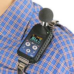 Noise dosimeter worn on workers shoulder