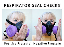 Two pictures of worker checking respirator seals
