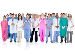 large group of various medical workers lined up