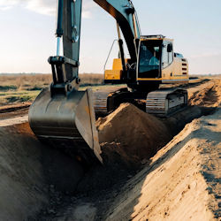 Excavator in sloped trench