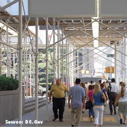 People walking under scaffolding with constrution taking place directly above them.