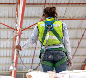 Worker inspecting harness