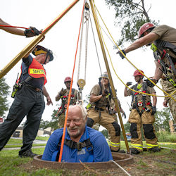 Non-entry confined rescue hands-on training session with special equipment