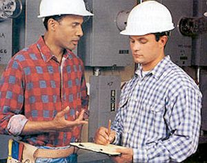 Two workers having a discussion