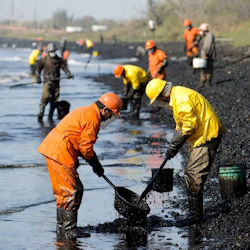 Workers cleanup oil spill.