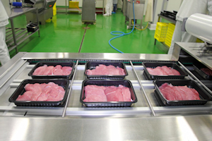 Image of meat being packaged on an assembly line