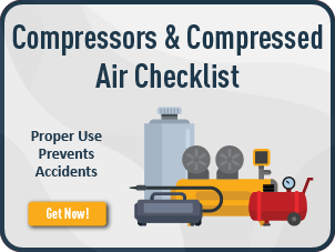 Infographic identifying hazards to ensure safe operation of compressors and compressed air.